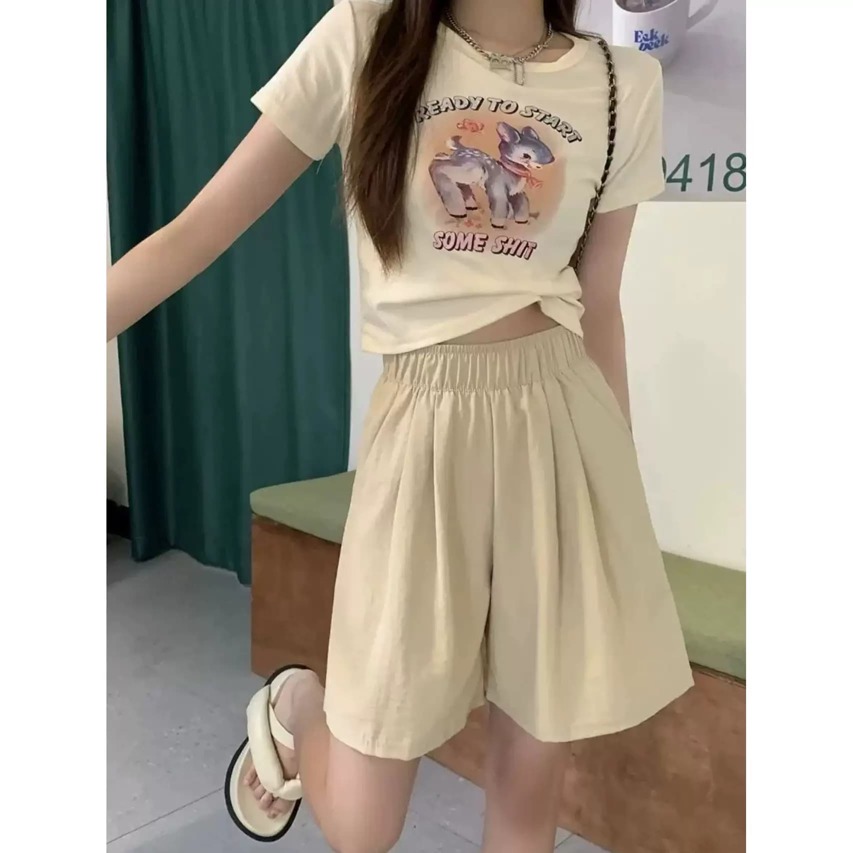 Q山本奶芙短裤宽松女生夏季短裤薄款高腰休闲阔腿裤a字裤五分裤 - 缩略图3
