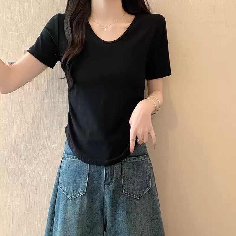 2026U型卡卡同款修身高街风纯色短袖T恤女修身重磅纯棉v领褶皱AK - 缩略图4