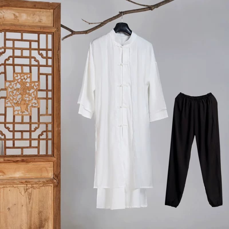 春夏薄长衫中式风纯色透气仙气汉服古风中长款禅修居士服茶服道袍 - 缩略图4