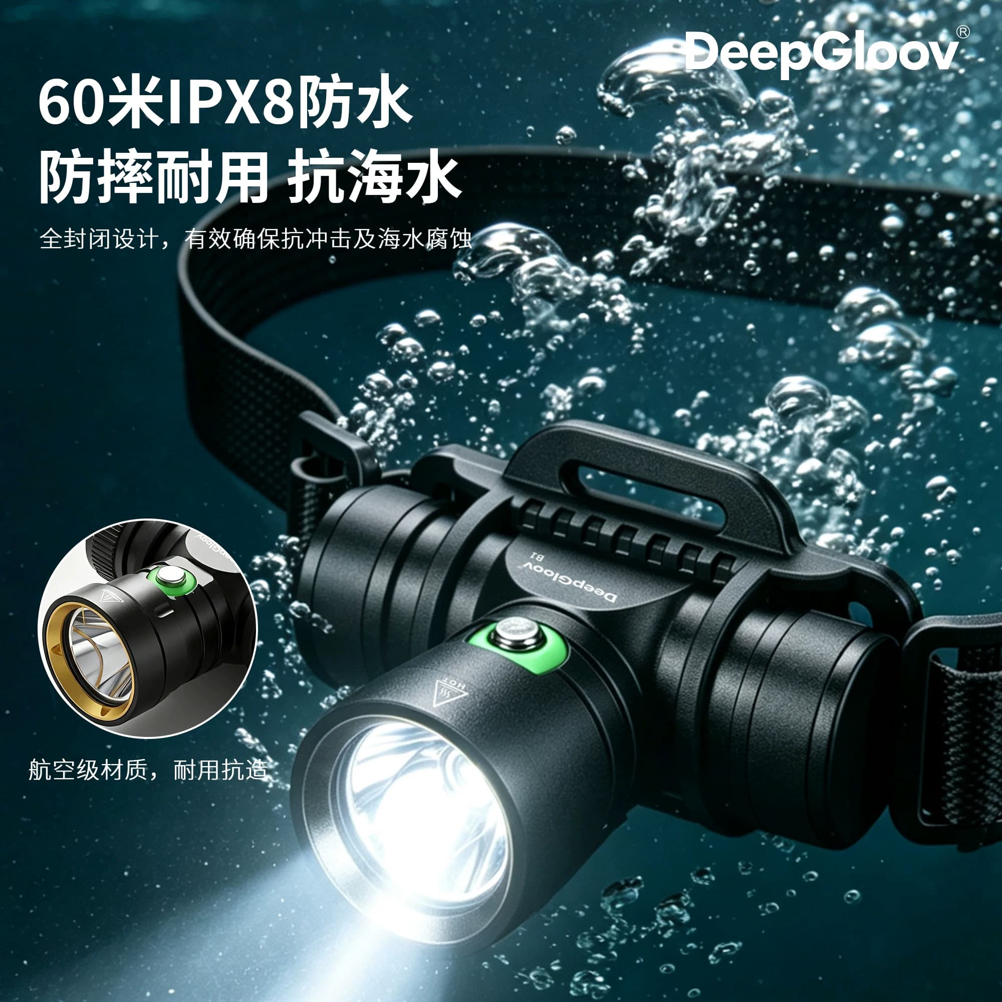 深海极光DeepGloov专业潜水头灯1200流明IPX8防水60米强光赶海 - 缩略图3