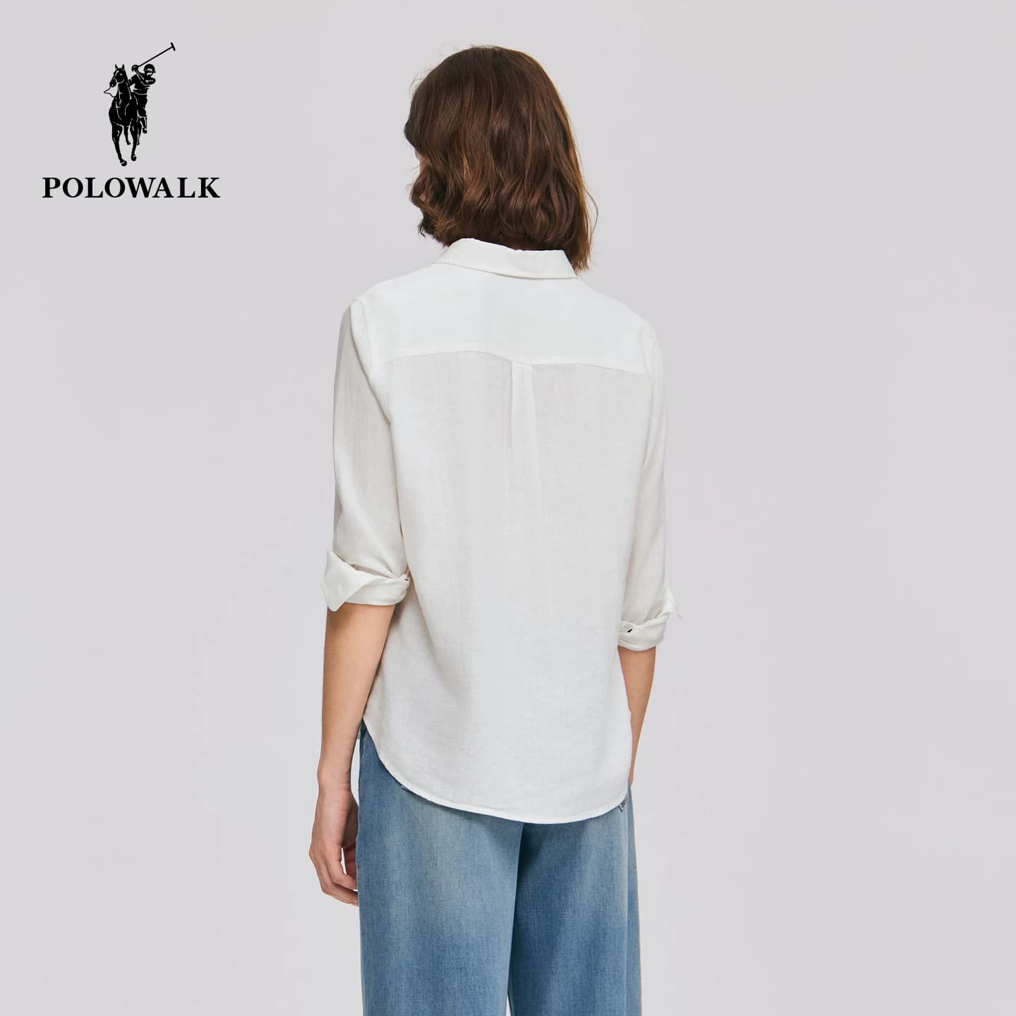 POLOWALK女士长袖衬衫2026秋季新款经典翻领简约百搭亚麻混纺衬衫 - 缩略图3