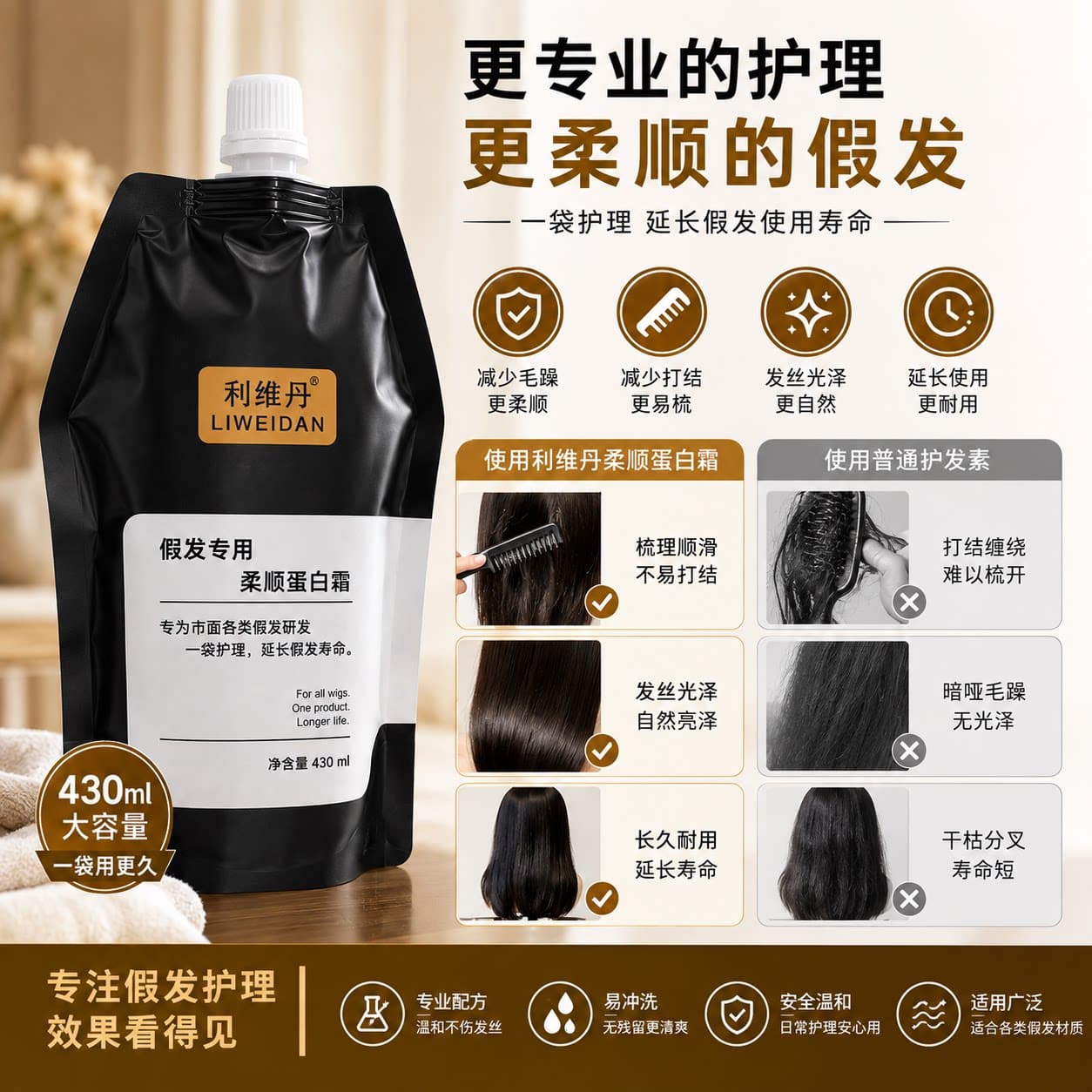 利维丹假发专用柔顺蛋白霜430ml 假发护理液防毛躁打结顺滑易梳 - 缩略图3