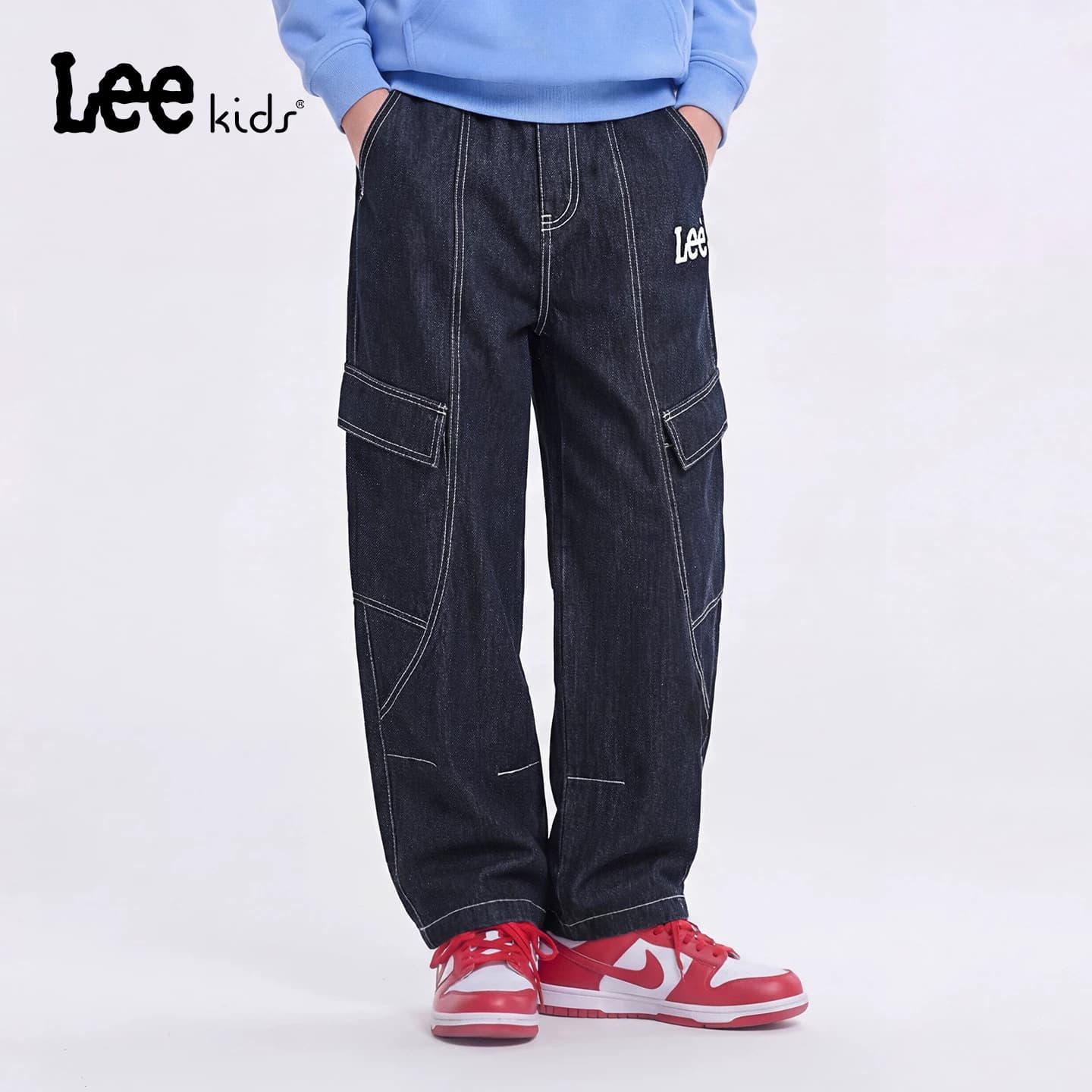 Lee kids工装风阔腿牛仔裤春季新款男女童休闲宽松直筒多口袋长裤 - 缩略图4