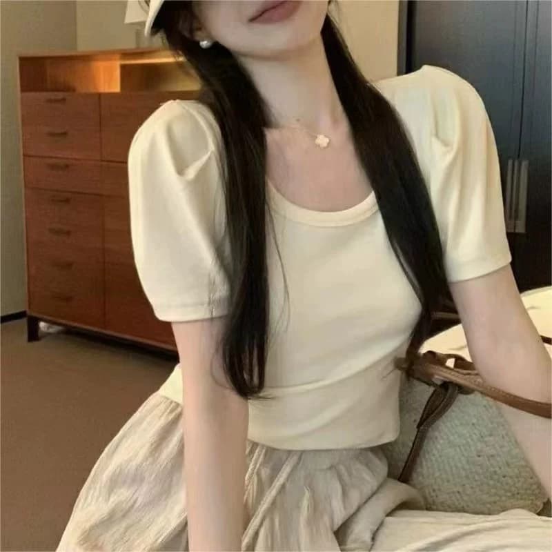 纯色短款T恤女短袖泡泡春夏季新款显瘦修身圆领抽绳打底小衫上衣 - 缩略图5