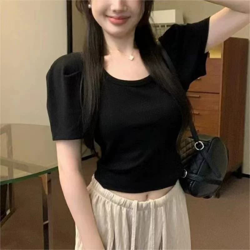 纯色短款T恤女短袖泡泡春夏季新款显瘦修身圆领抽绳打底小衫上衣 - 缩略图2