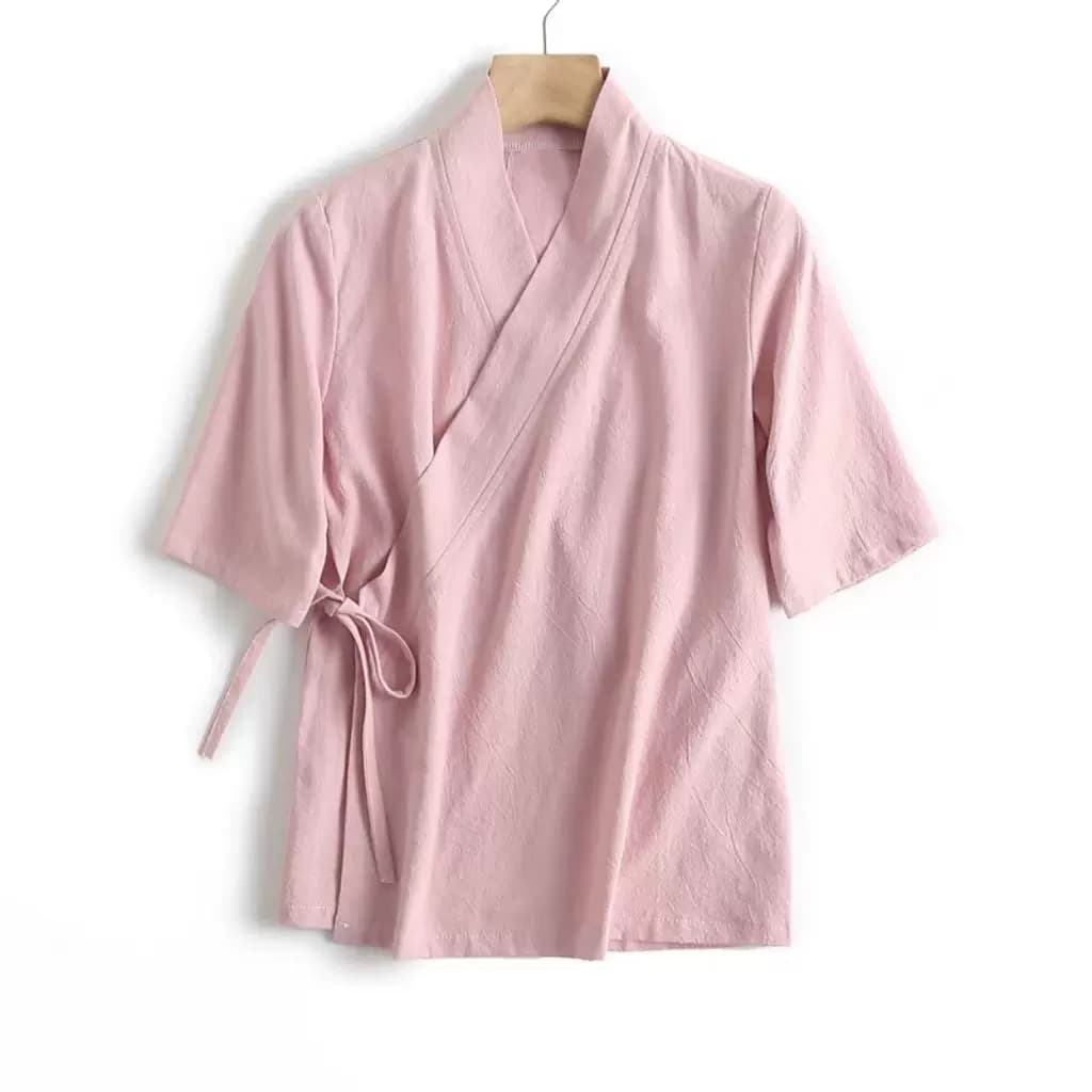 一片式系带交叉领女夏冰丝中式汉服改良茶禅服短袖上衣大码300斤 - 缩略图3