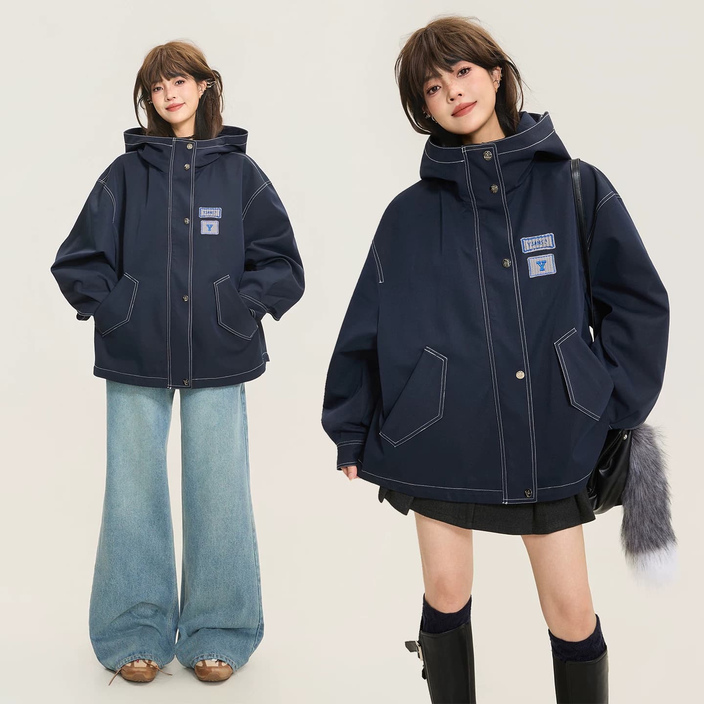 KEIKO 美式工装风廓形风衣外套秋季无性别穿搭缉明线连帽派克服 - 缩略图3