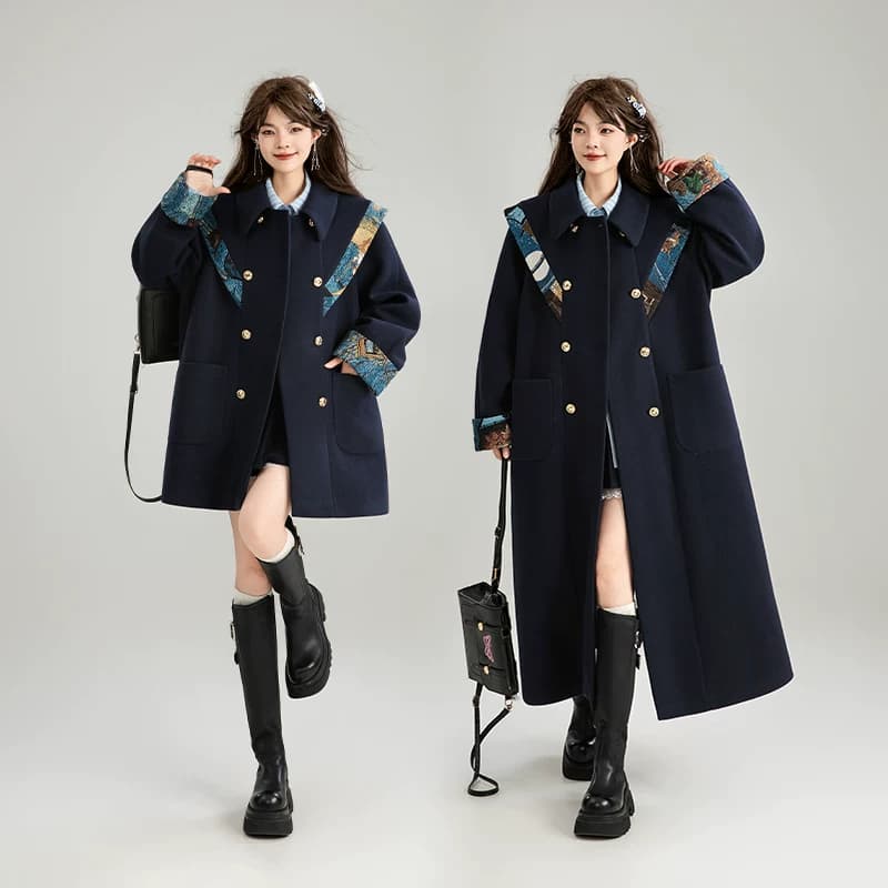 蝴蝶结girl 新中式提花云肩毛呢大衣女秋冬复古长款过膝呢子外套 - 缩略图3