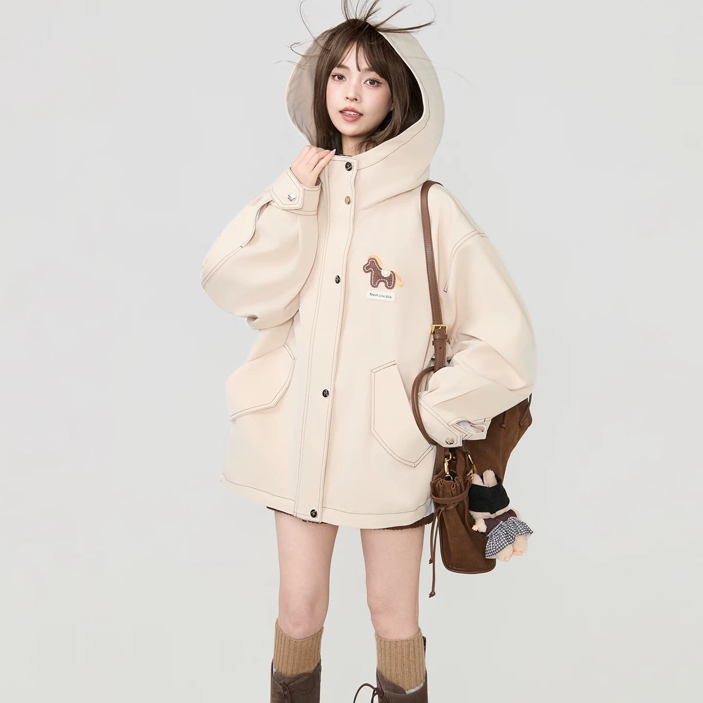 KEIKO 美式工装风廓形风衣外套秋季无性别穿搭缉明线连帽派克服 - 缩略图5