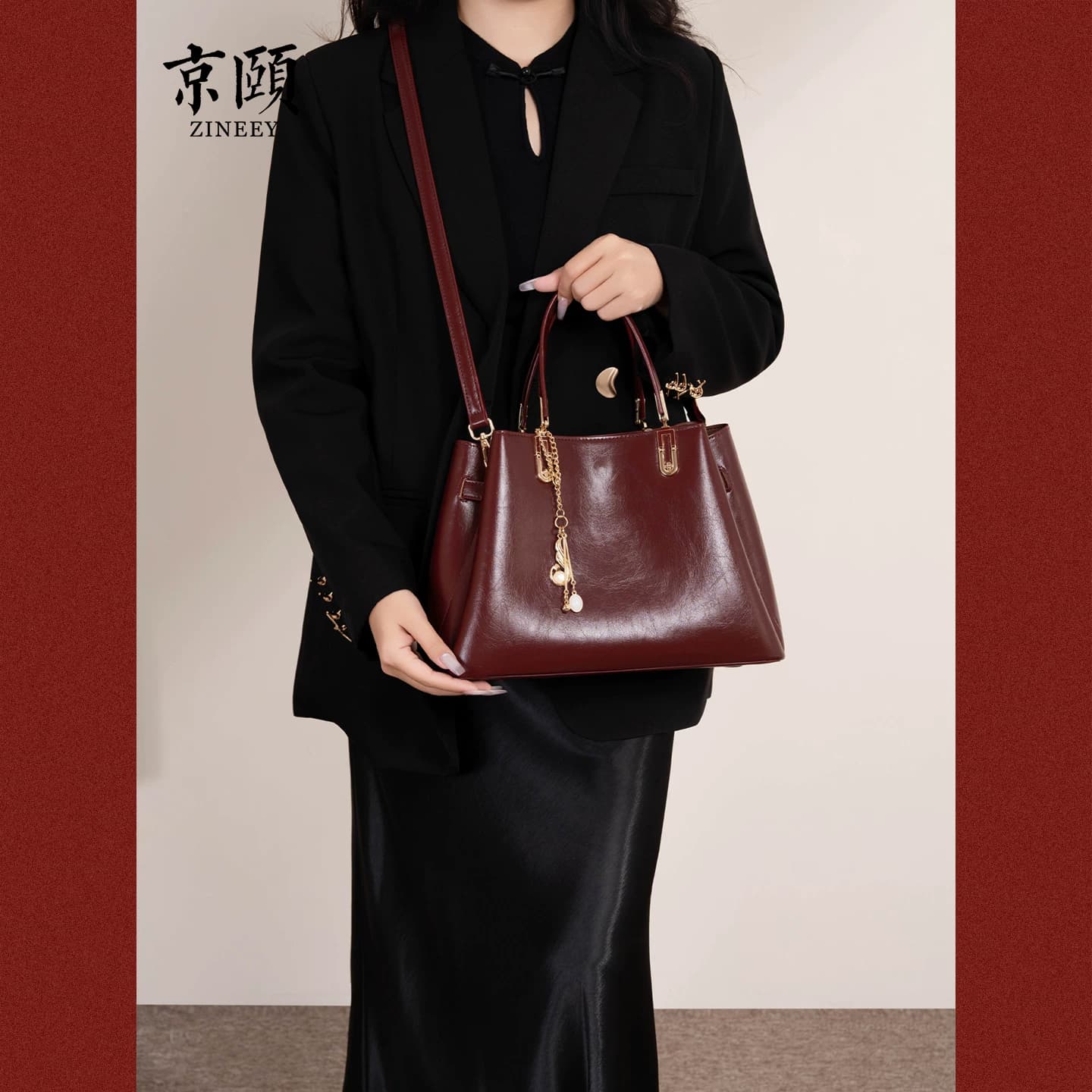 油蜡皮红色手提包喜婆婆婚包大气托特包送母亲礼物单肩斜挎两用包 - 缩略图4