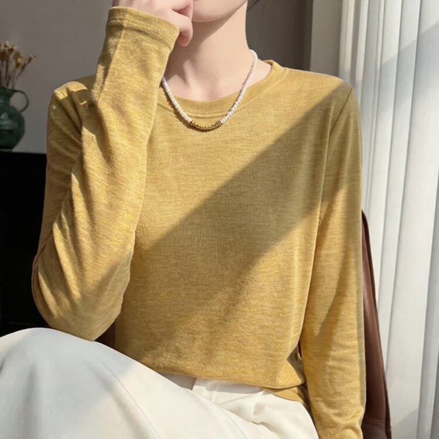 春夏薄精纺莱赛尔天丝短袖t恤女宽松圆领针织毛衣长袖打底衫上衣 - 缩略图4