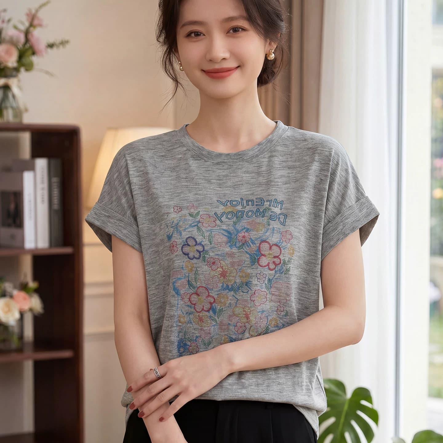 2026夏季新款印花短袖T恤女圆领正肩宽松显瘦洋气针织打底衫上衣 - 缩略图5