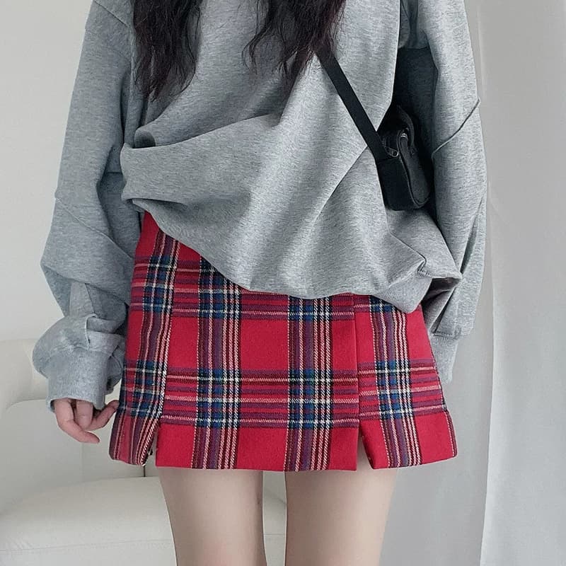 红色半身裙女2025春季新款复古大格子高腰显瘦包臀短裙高级感a裙 - 缩略图2