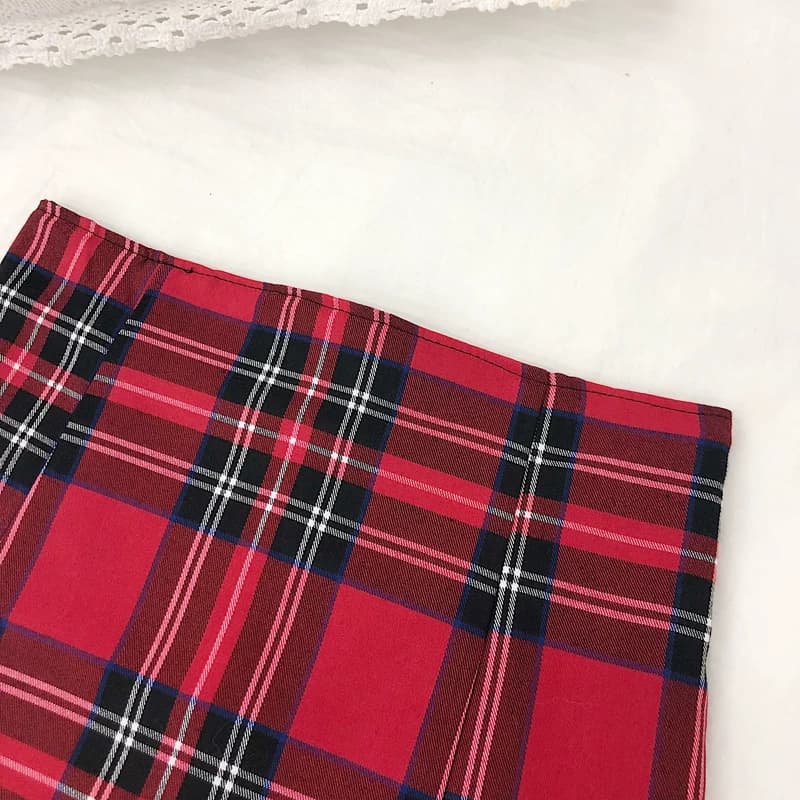 大码胖mm苏格兰高腰红色格子半身裙女春秋开叉性感包臀裙a字短裙 - 缩略图3