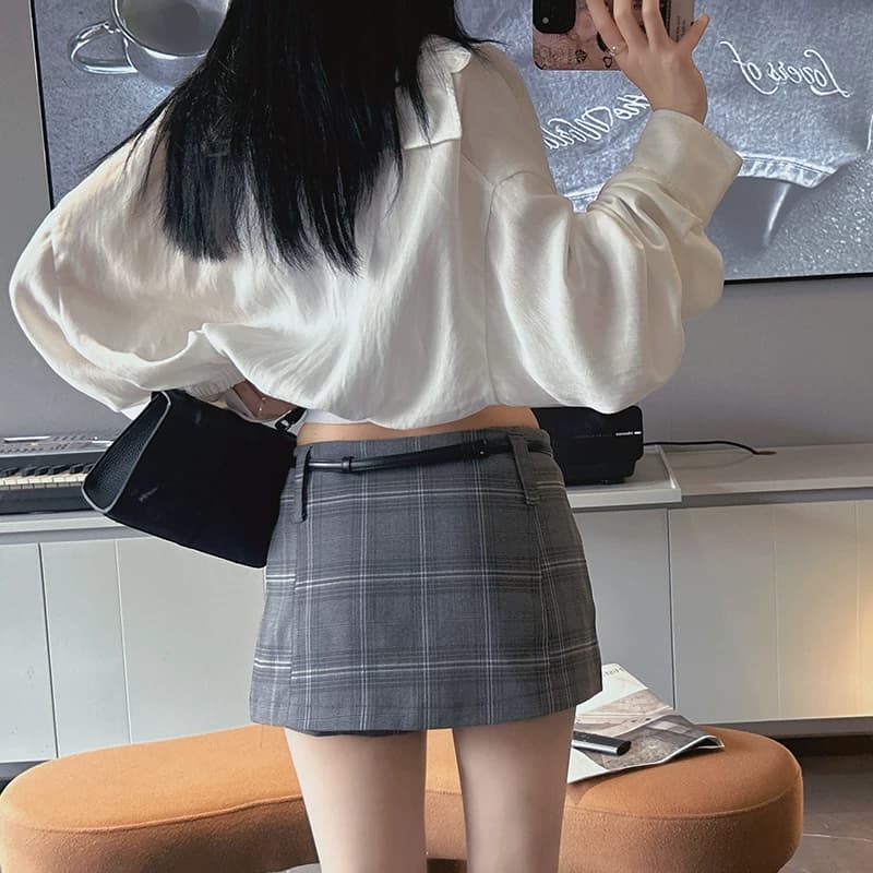 XJLYHZX格雷系深灰格纹低腰裙裤女侧拉链开叉设计防走光A字短裙 - 缩略图3