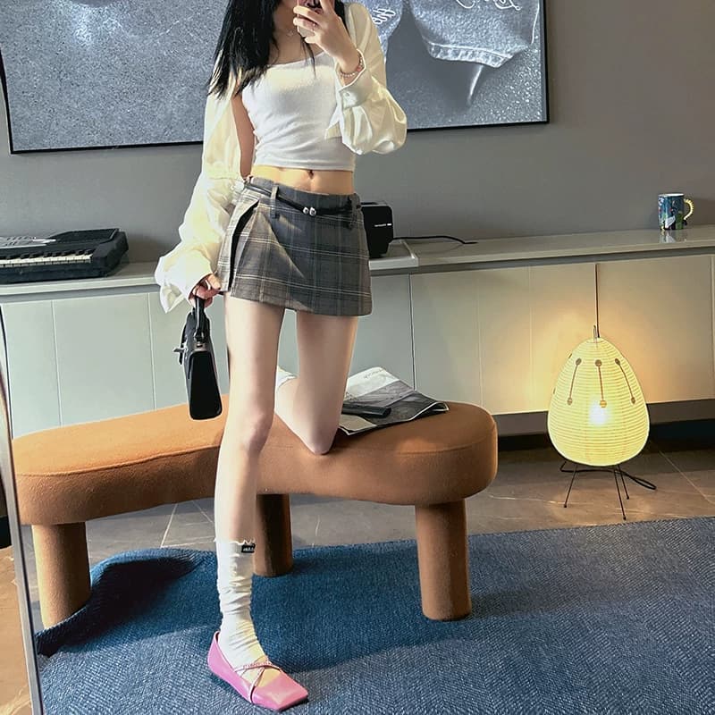 XJLYHZX格雷系深灰格纹低腰裙裤女侧拉链开叉设计防走光A字短裙 - 缩略图4