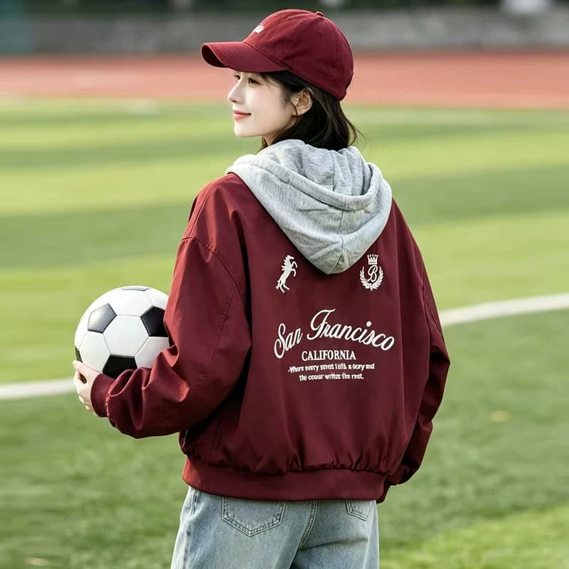 秋冬季实拍美式假两件连帽拼接落肩宽松字母绣花罗纹袖口外套女装 - 缩略图2