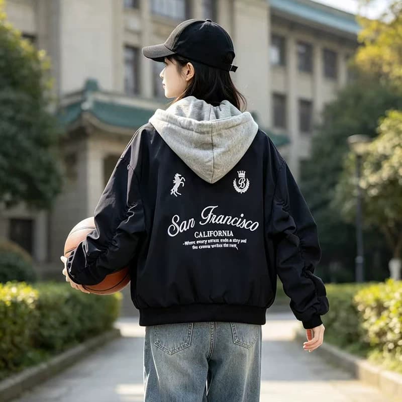 秋冬季实拍美式假两件连帽拼接落肩宽松字母绣花罗纹袖口外套女装 - 缩略图3