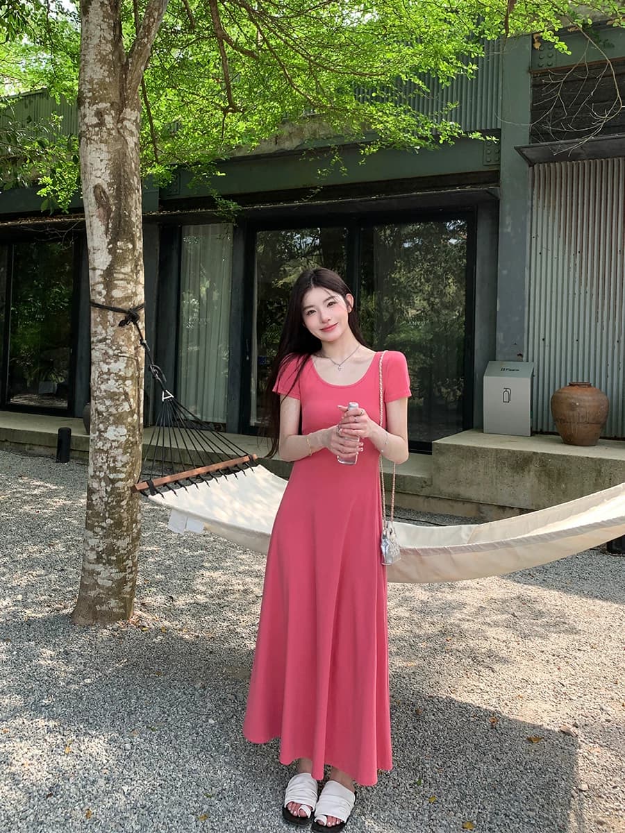 alex stevens气质纯色修身短袖连衣裙女春夏季垂感中长款大摆裙子 - 缩略图5