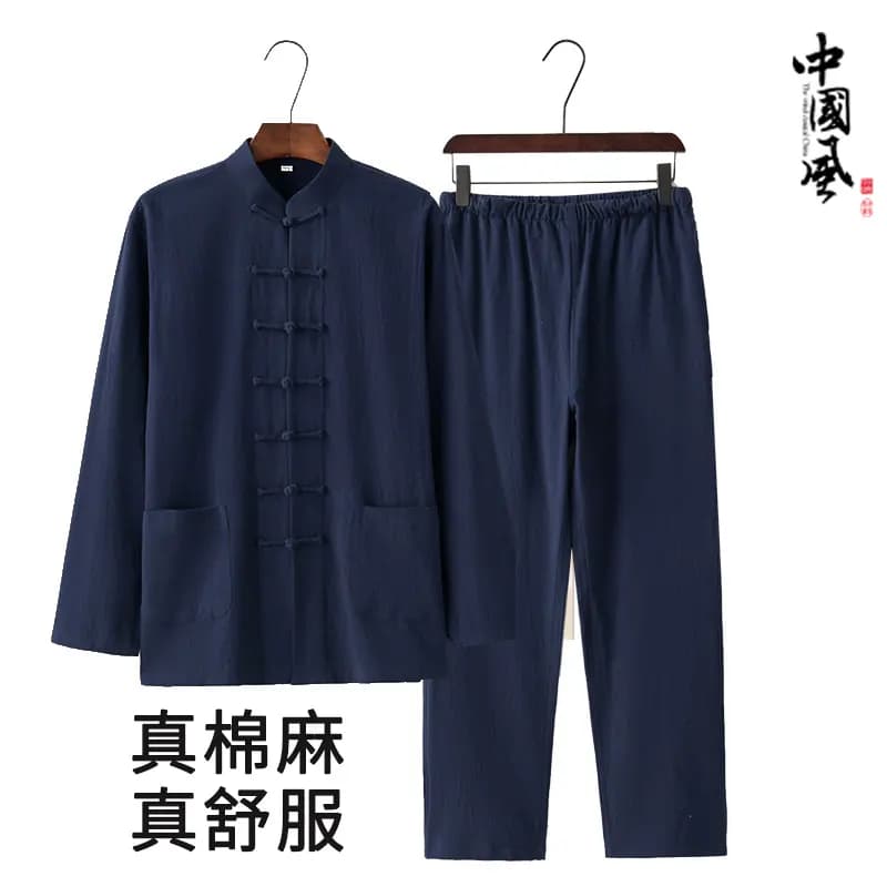 棉麻唐装男长袖套装春秋亚麻中国风男装中式汉服复古风禅修居士服 - 缩略图2