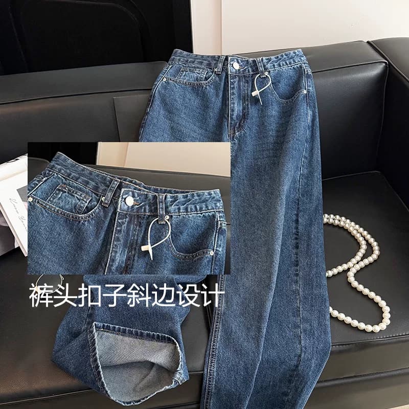 艾恩晟 25年秋季新款牛仔裤女阔腿裤深蓝色宽松显瘦遮肉阔腿裤 - 缩略图5