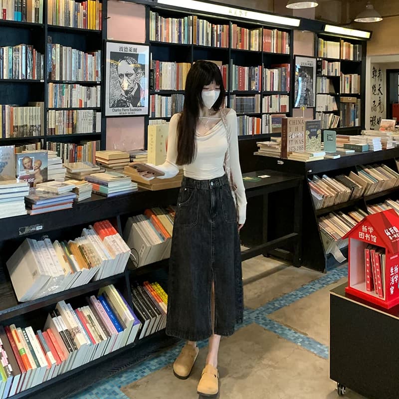 艾恩晟 24年春新款复古开叉牛仔半身裙夏季高腰宽松显瘦a字中长裙 - 缩略图2