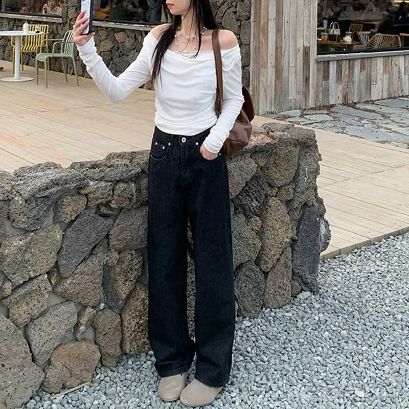 艾恩晟黑色窄版宽松阔腿牛仔裤女秋时尚洋气时髦卷边休闲裤显瘦直 - 缩略图2