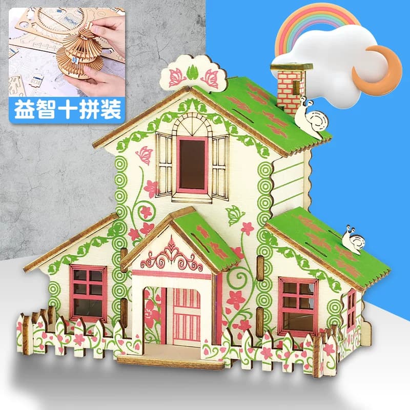 木质3d立体拼图儿童益智动脑玩具拼装建筑模型小屋儿童节手工礼物 - 缩略图2