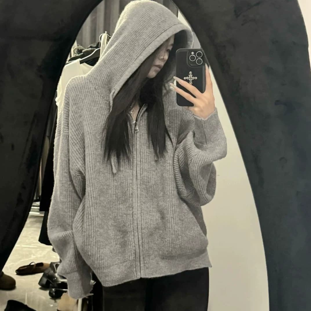 oversize！软糯灰色拉链连帽毛衣开衫女秋装新款宽松针织衫外套潮 - 缩略图2