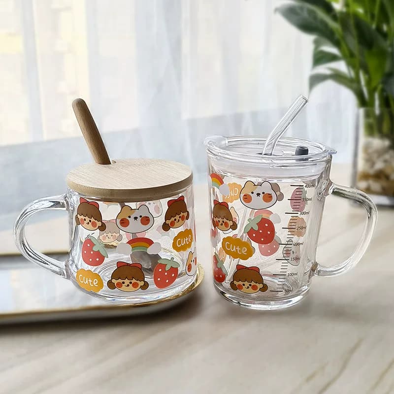 ins卡通杯子玻璃杯吸管杯勺刻度牛奶杯早餐杯情侣用微波炉便携 - 缩略图3
