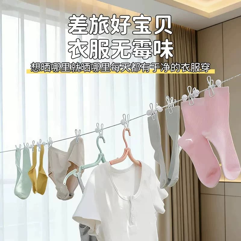 晾衣绳旅行便携可伸缩彩虹卡扣户外带夹防风晒衣绳露营出差晾衣架 - 缩略图3
