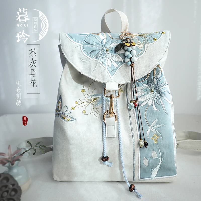 15寸书包原创复古中式古风汉服文艺刺绣拉链抽绳帆布电脑双肩背包 - 缩略图4