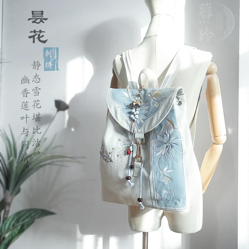 15寸书包原创复古中式古风汉服文艺刺绣拉链抽绳帆布电脑双肩背包 - 缩略图5