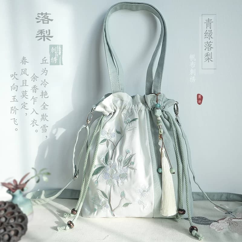 束口手提斜挎抽绳荷包汉元素流苏绣花仙女中国风古风帆布汉服包 - 缩略图5