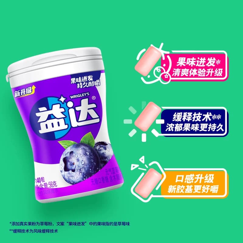 益达无糖木糖醇口香糖果蓝莓味56g*1瓶约40粒清新口气休闲小零食 - 缩略图2