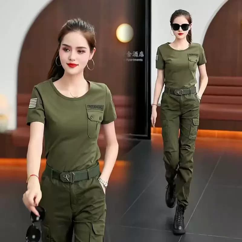 军绿色工装两件套显瘦百搭女士迷彩服套装新款薄款短款上衣弹力潮 - 缩略图2