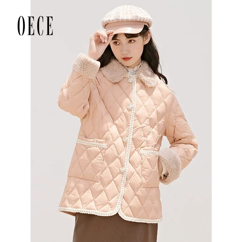 Oece秋冬新款女复古甜美气质中长款羽绒服修身外套 - 缩略图2