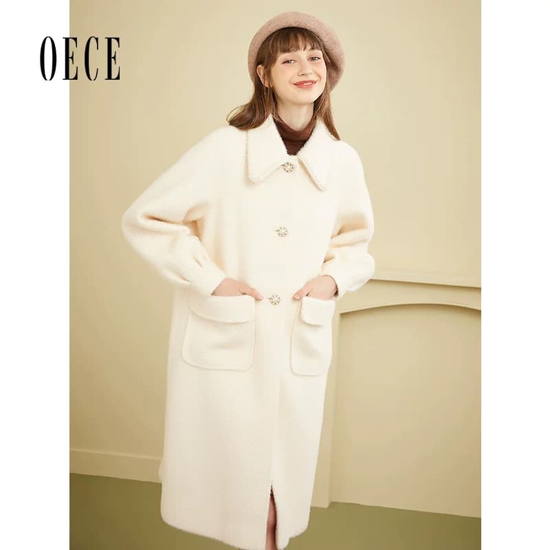 Oece冬装新款女装 复古中长款毛呢外套气质呢子大衣 - 缩略图3