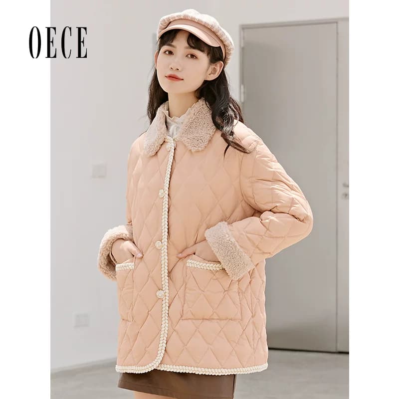 Oece秋冬新款女复古甜美气质中长款羽绒服修身外套 - 缩略图4