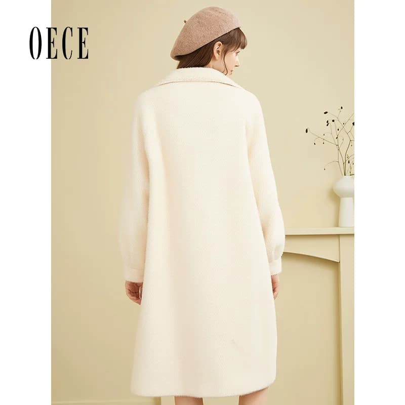 Oece冬装新款女装 复古中长款毛呢外套气质呢子大衣 - 缩略图4