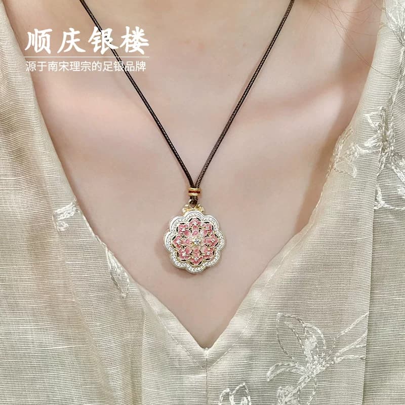 顺庆银楼S9999纯银吊坠慧福平安扣项链足银新中式毛衣链好运礼物 - 缩略图2