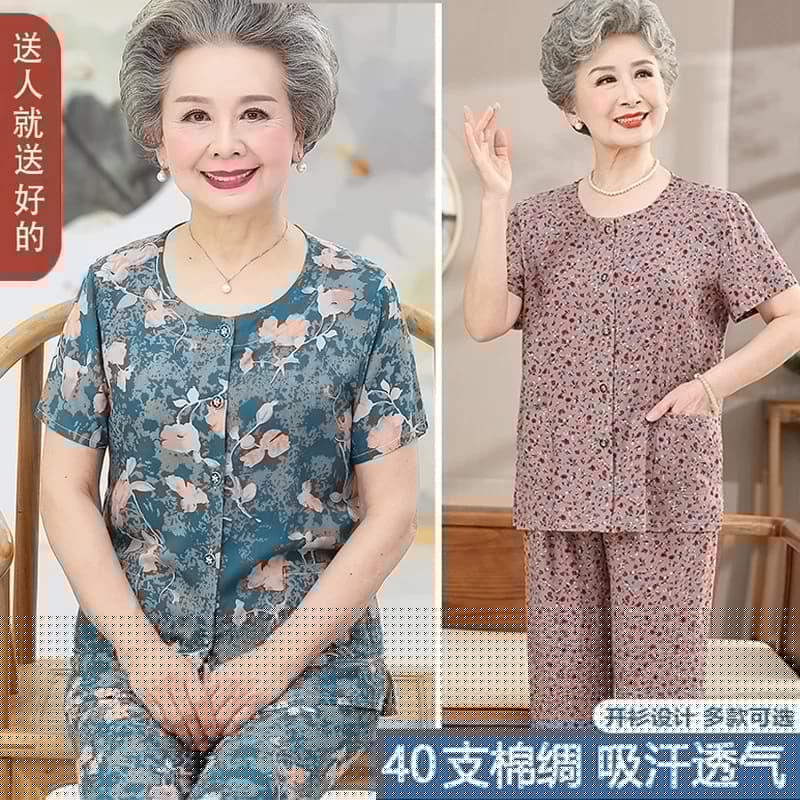 纯棉绸中老年人夏装女妈妈短袖t恤60-70岁80奶奶套装老人衣服太太 - 缩略图2