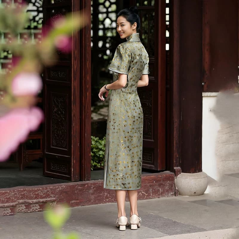 钱小萍冰裂梅花名家宋锦旗袍真丝桑蚕丝布料旗袍裙定做衣服裁缝 - 缩略图4