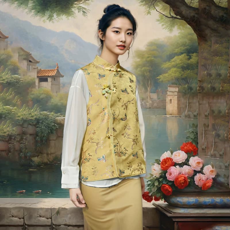 上久楷兰桂齐芳名家宋锦马甲真丝桑蚕丝布料马夹绒花定制衣服裁缝 - 缩略图3