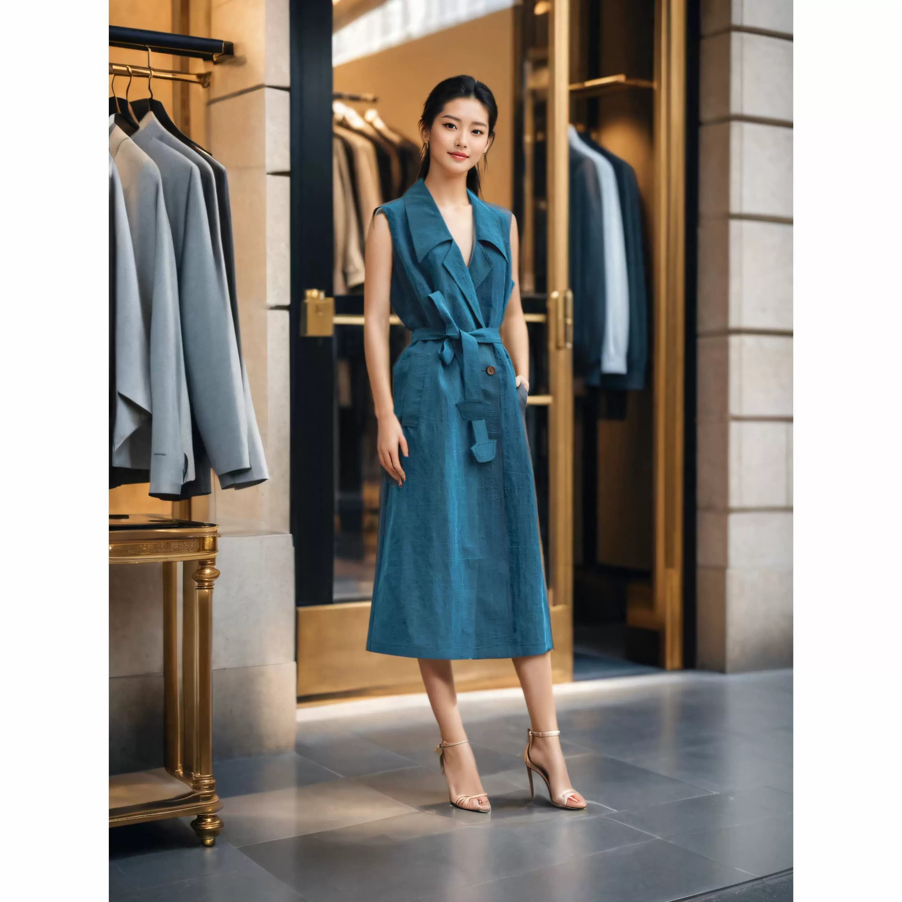 孔雀蓝桑蚕丝香云纱风衣龟裂纹真丝布料上衣两件套定制衣服裁缝 - 缩略图2