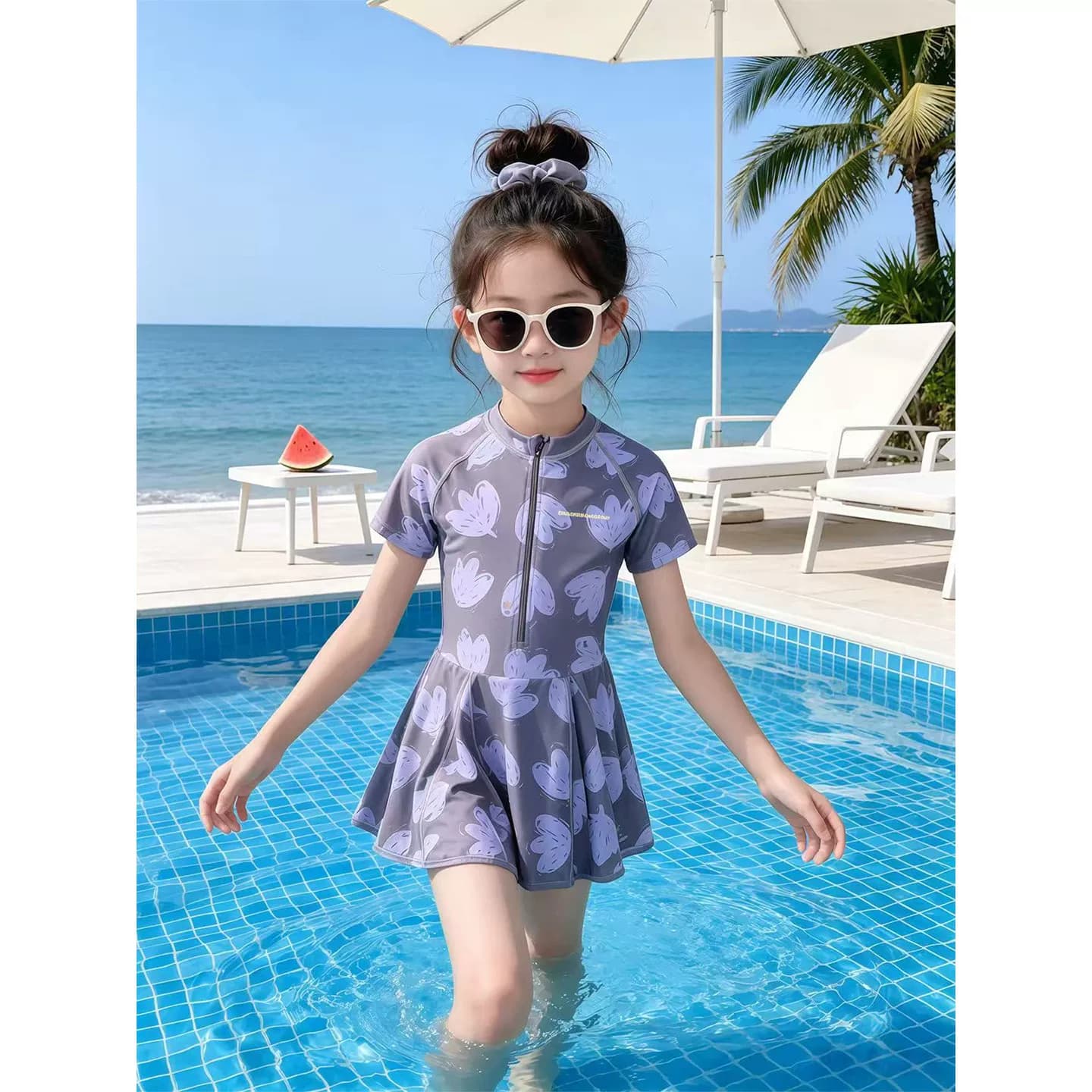 女童泳衣儿童夏装2026新款奶茶灰女孩防晒速干薄款连体时髦游泳装 - 缩略图5