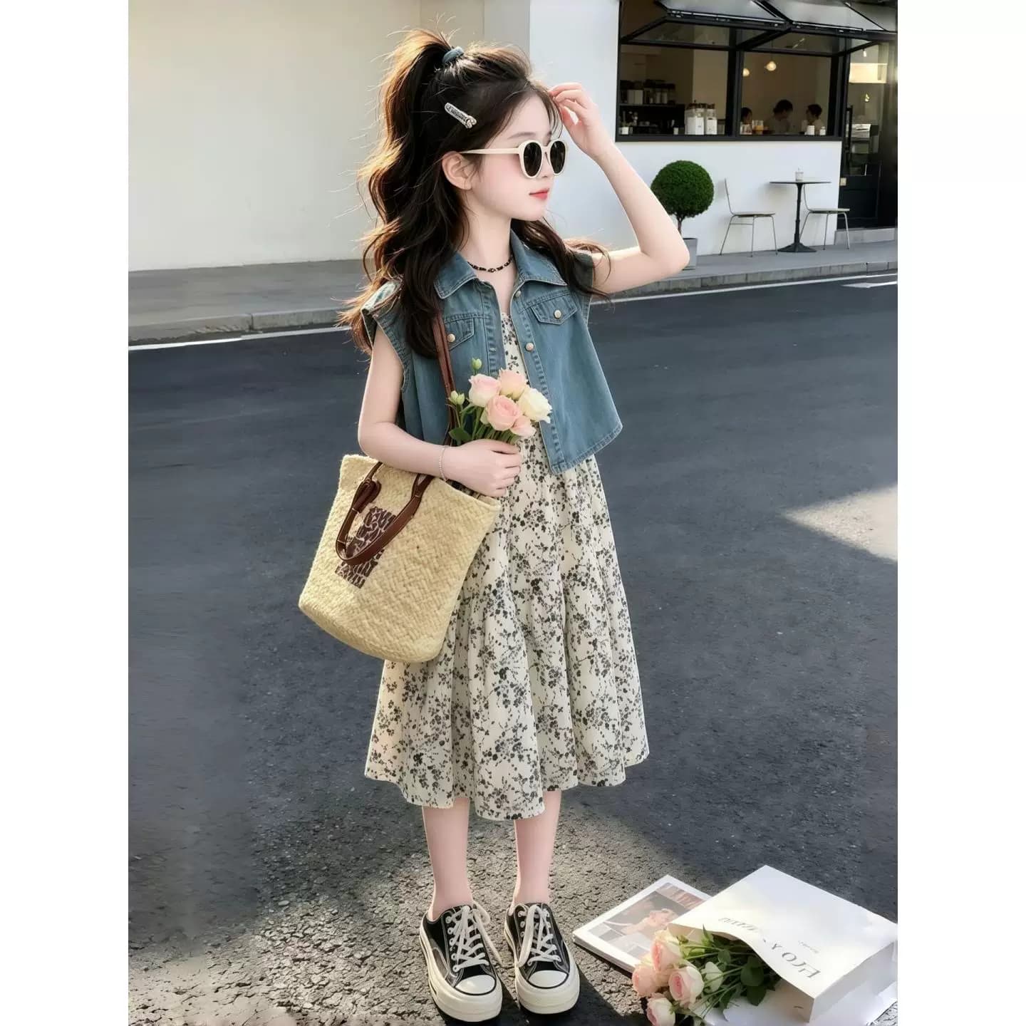 女童公主风棉混纺女大童牛仔马甲碎花连衣裙两件套夏季洋气套装裙 - 缩略图4