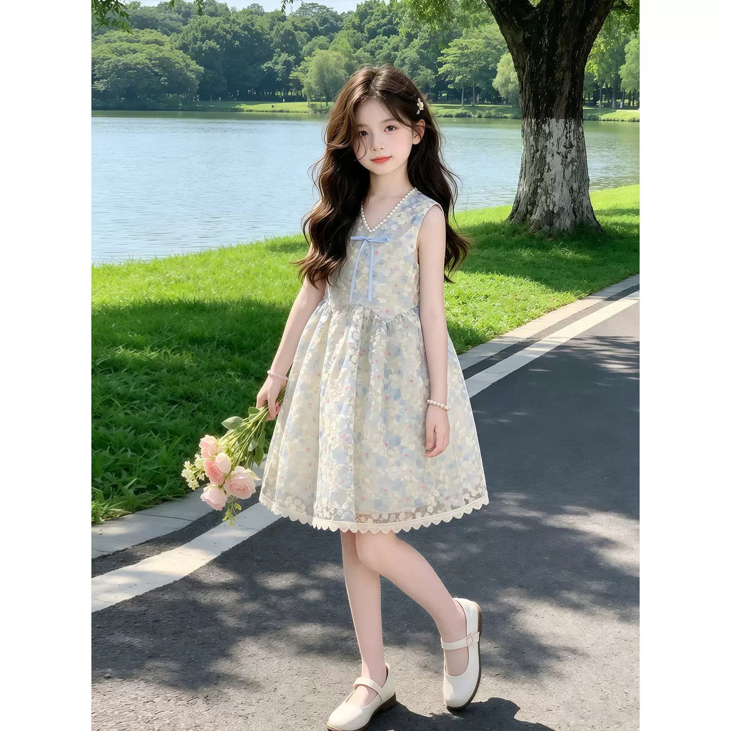 女童夏季花朵连衣裙2026新款儿童洋气无袖公主裙夏装女孩碎花裙子 - 缩略图2