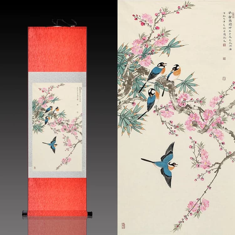 名家国画卷轴画丝绸字画书房客厅装饰招财花鸟画早春竟艳桃花四喜 - 缩略图4