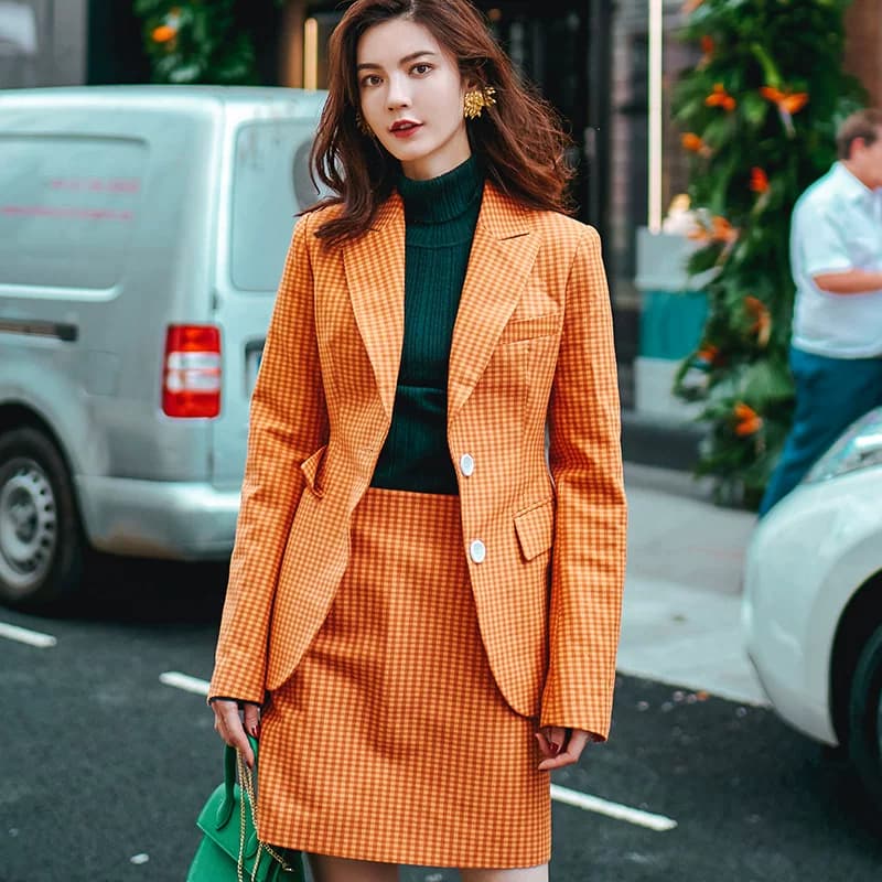 秋西装VIMI原创设计女装新款格纹气质职业白领装橙子果粒西服套装 - 缩略图2